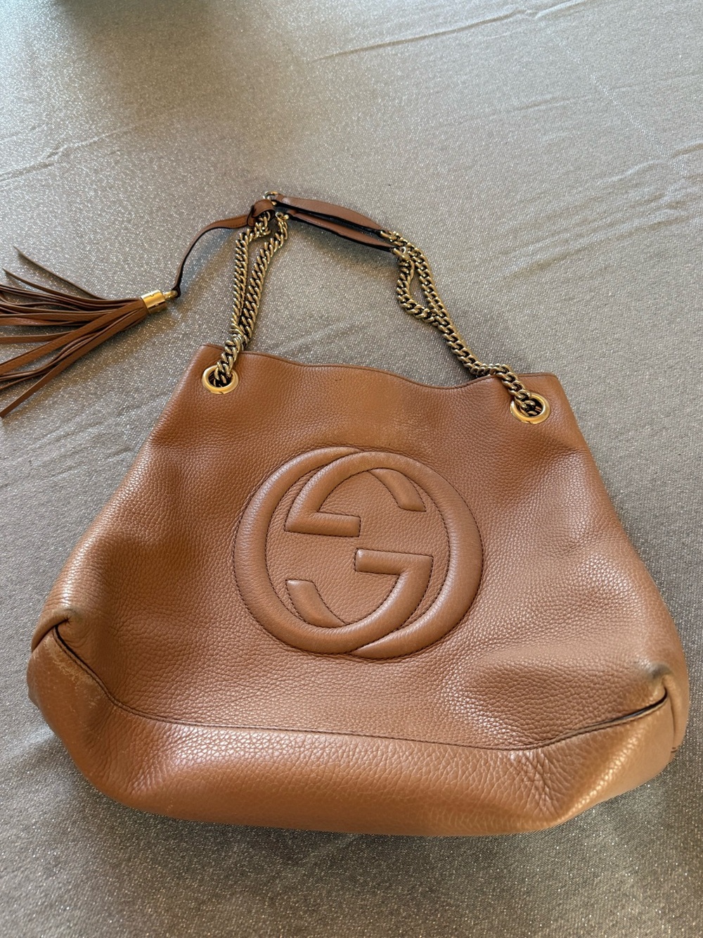 Gucci Tan Pebbled Leather Shoulder Bag with Tassel and Chain Straps